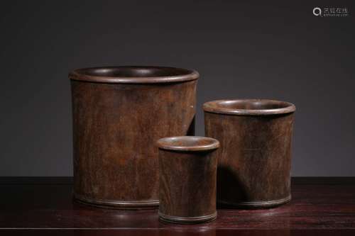 3 Pics, Carved Zitan Wood Brushpot Set