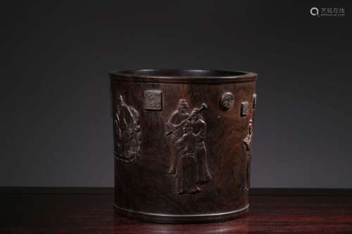 Chinese Zitan Wood Hand Carved Brushpot