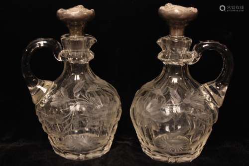 Pair of Moser Glass Decanter w Silver Top
