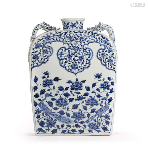 Yuan Dynasty of China,Blue and White Peacock Dragon Ear Flat...