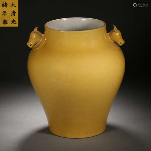 Qing Dynasty of China,Yellow Glazed Amphibious Ear Zun