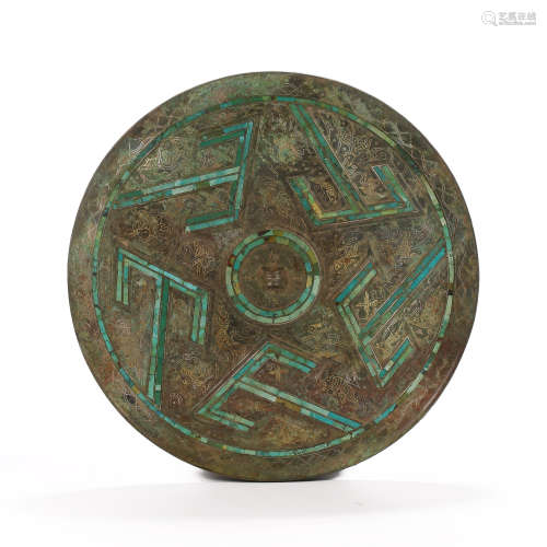 Han Dynasty of China,Inlaid Gold, Silver and Turquoise Mirro...