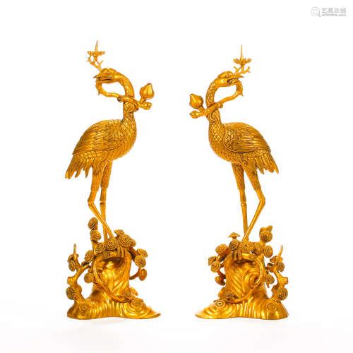 Qing Dynasty of China,Bronze Gilt Double Crane Ornament