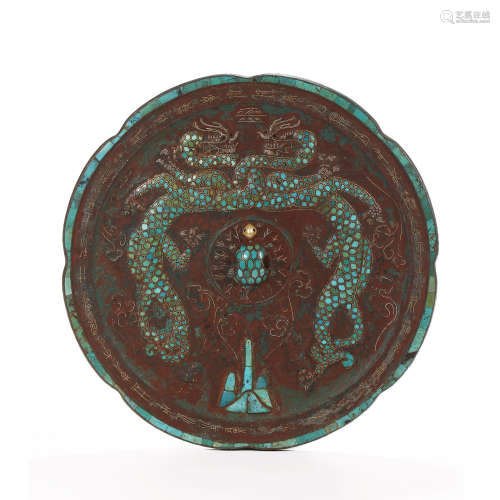 Han Dynasty of China,Inlaid Gold, Silver and Turquoise Mirro...