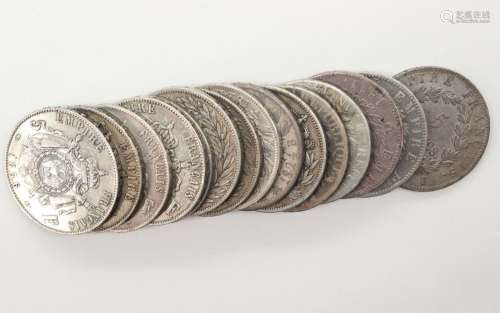 FRANCE MODERNELot de 15 pièces de 5 francs en argent :An 13 ...
