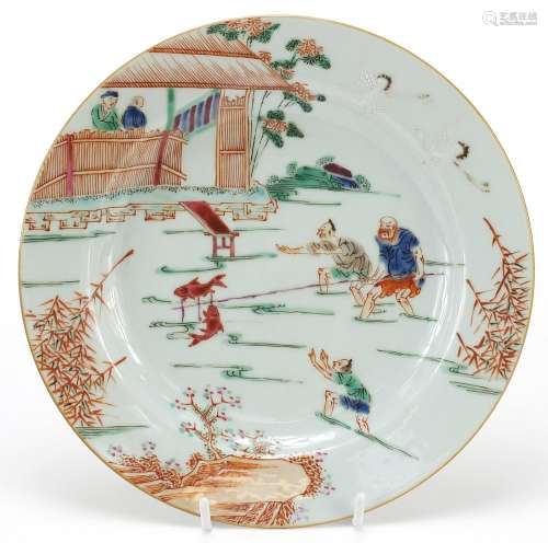 Chinese porcelain plate hand painted with a fisherman, 22.5c...