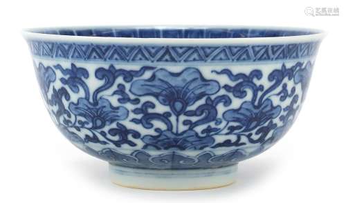 Chinese blue and white porcelain bowl hand painted with flow...