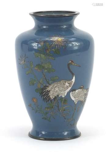 Japanese silver mounted cloisonne vase decorated with cranes...