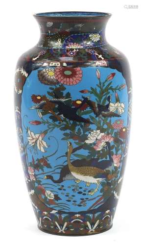 Large Japanese cloisonne vase enamelled with birds of paradi...