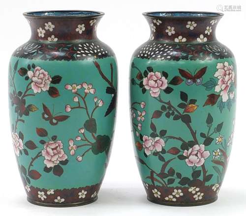 Pair of Japanese cloisonne vases enamelled with birds amongs...