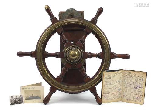 Naval interest hardwood ships wheel with brass mounts, reput...