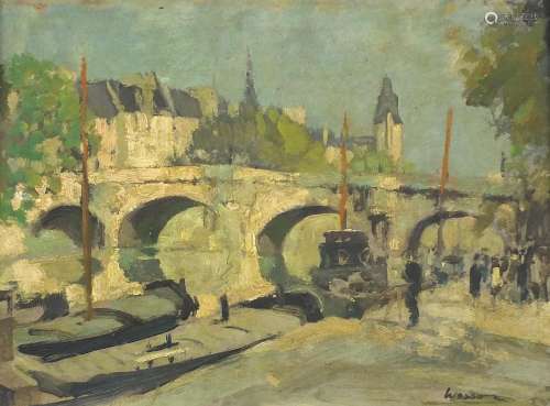 Edward Wesson - River landscape with bridge before a town, o...