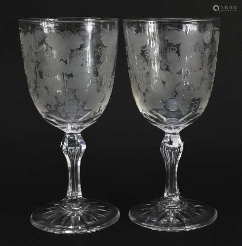 Pair of Edwardian cut glasses etched with leaves and berries...