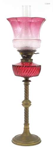 Victorian brass oil lamp with cranberry glass reservoir and ...