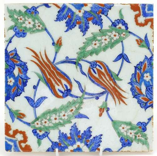 Turkish Iznik pottery tile hand painted with flowers, 25cm x...
