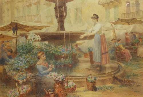 Samuel John Hodson - Flower sellers before a water fountain,...