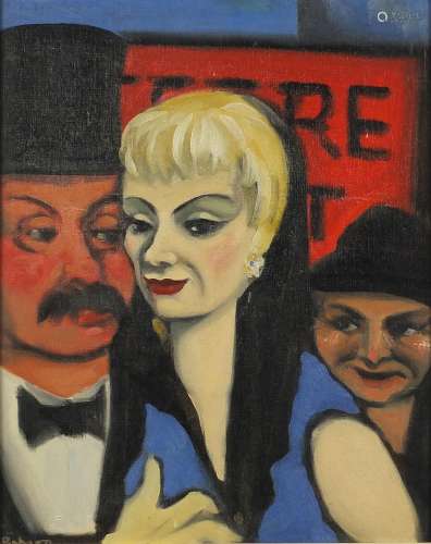 Three figures before a cafe, oil on board, mounted and frame...