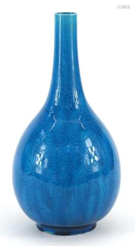 Chinese blue and white porcelain long neck vase incised unde...