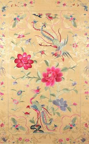 Phoenixes amongst insects and flowers, Chinese silk embroide...