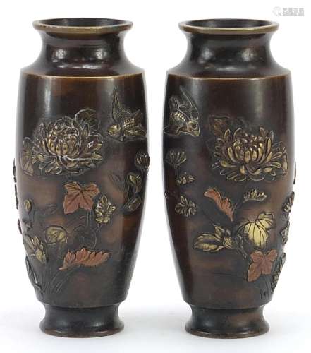 Pair of Japanese patinated bronze vases decorated in relief ...