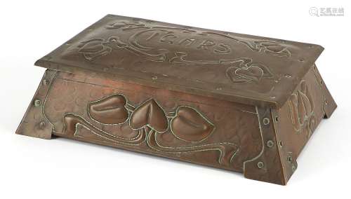 Art Nouveau copper cigar box embossed with stylised flowers,...