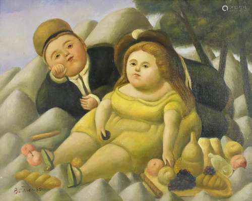 After Fernando Botero - Two figures, Colombian school oil on...