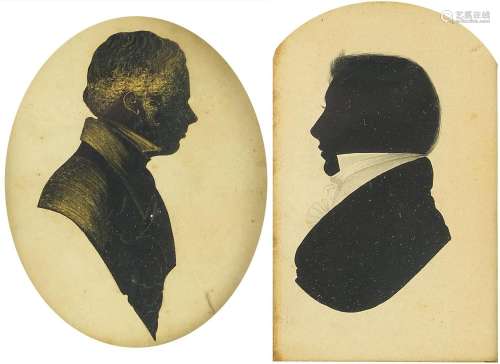 Two 19th century hand painted silhouette portraits of gentle...