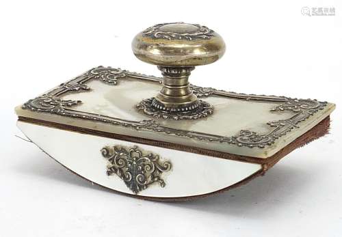 Continental mother of pearl ink blotter with unmarked silver...
