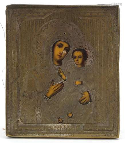 Russian hand painted Orthodox icon depicting Madonna and chi...