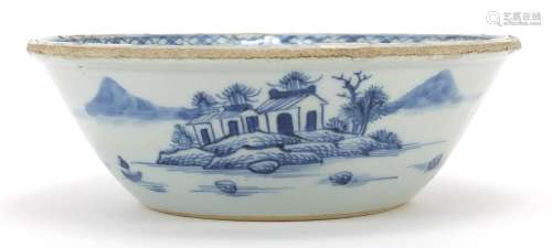 Chinese blue and white porcelain bowl hand painted with a ri...