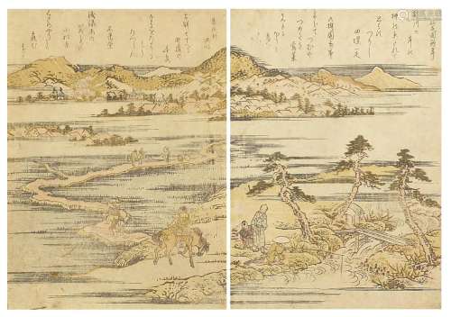 Mountainous river landscapes with figures, pair of Japanese ...