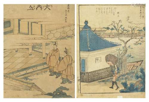 Figures in palace settings, pair of Japanese woodblock print...