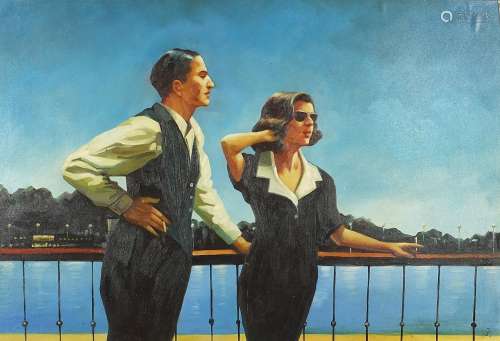 After Jack Vettriano - Two figures before a river, oil on bo...
