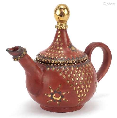 Turkish Tophane terracotta coffee pot with gilt decoration, ...
