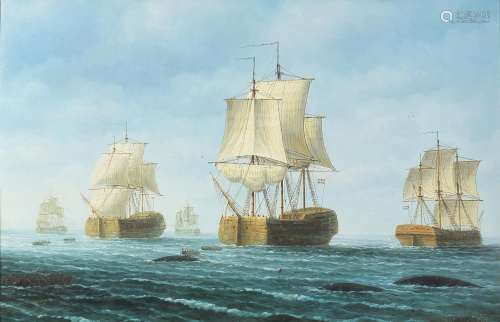Fleet of naval ships, maritime interest oil on board, framed...