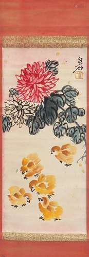 Attributed to Qi Baishi - Chrysanthemums and chicks, Chinese...