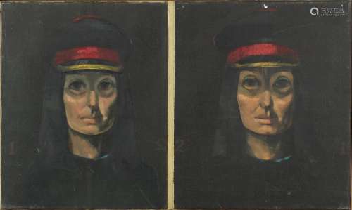 Head One, Head Two, female portraits, oil on canvas, framed,...