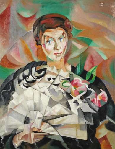 Female holding a fan, French Cubist school oil on board, mou...