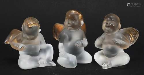 Three frosted and gilt glass angels etched Lalique France, e...