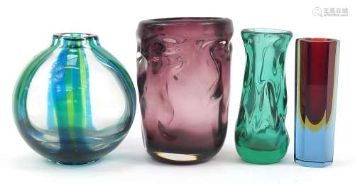 Four art glass vases including Whitefriars and Murano Sommer...