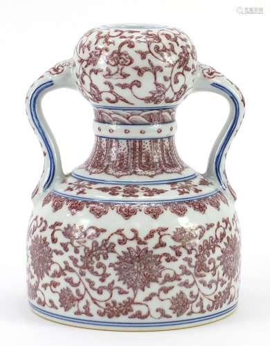 Chinese porcelain twin handled vase hand painted in iron red...