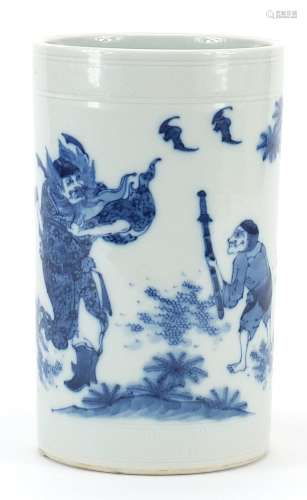 Chinese blue and white porcelain brush pot hand painted with...