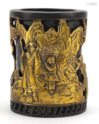 Chinese partially gilt patinated bronze brush pot decorated ...