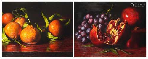 Still life fruit, pair of oil on boards, indistinctly signed...