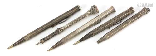 Five antique and later silver propelling pencils including Y...