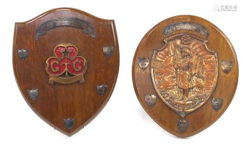 Two Girl Guides oak plaques with silver shields engraved Pre...