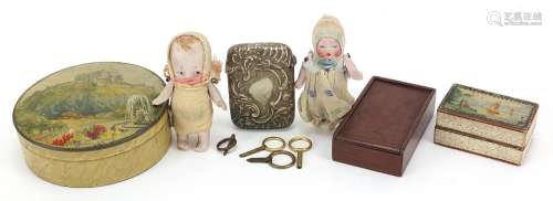 Objects including two miniature bisque articulated dolls, Mc...