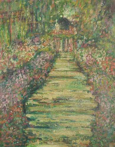 Garden scene with flowers, Post Impressionist oil on board, ...
