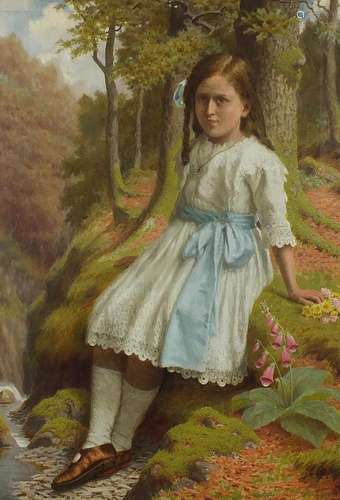 James Barnes - Portrait of a girl seated before woodland, ea...