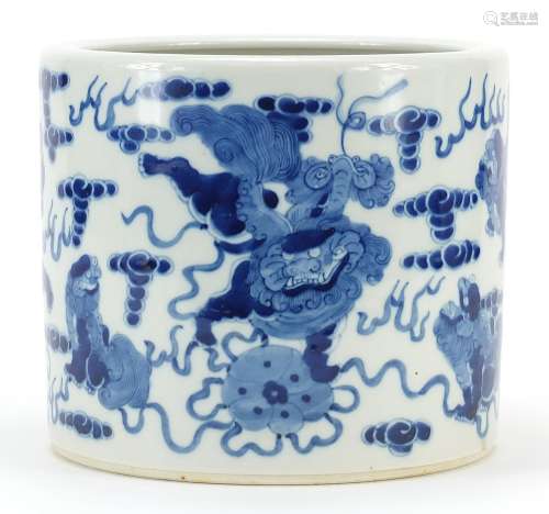 Chinese blue and white porcelain brush pot hand painted with...